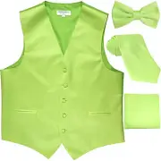 New Men's solid Tuxedo Vest Waistcoat & necktie & Bow tie & Hankie lime green