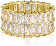 [OPOMOMO] Eternity Ring Wedding Bands,18K Gold Plated 2 Rows Emerald Cut Iced Out Lab Diamond Band Rings for Women Men