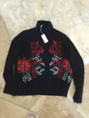 Tory Burch Womens Embroidered Turtleneck Wool Sweater Pullover Navy Blue Size XL