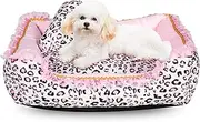 Gigreinc Cute Pink Puppy Sleeping Mat Bed with Leopard Pattern Round Square Shape Cat Dog Sofa Bed Pet House Nest Cave(M, Square Bed)