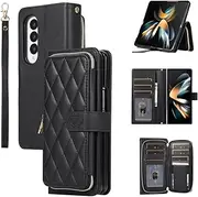 [XIMAND] for Samsung Galaxy Z Fold 4 Zipper Wallet Case with Card Holder, 9 Card Slots Large Capacity and Multiple Style Lanyards.(Black)