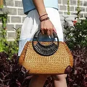 [Generic] Beach Bag Straw Bags Hand-woven Straw Bag,Straw Bag,Women Straw Bags Stylish Female Bamboo Summer Beach Weave Handbag Lady Handmade Vintage Wood Handle Bag Travel Knitted Totes Bags For Shopping, Trav