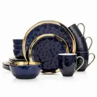 STONE LAIN Dinnerware Set 32-Pcs Porcelain Navy Blue/Gold Trim (Service-For-8)