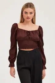 Brown Crop Top Long Sleeve - Size 12, Women's Top