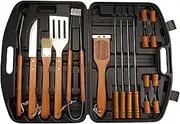 19 Piece Wooden Grill Tool Set, BBQ Accessories & Grill Tools, Durable Stainless-Steel Utensils with Recycled Plastic Case, Spatula, Tongs, Cleaning Brush & More, Grilling Gifts for Men