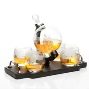 Don Vassie Globe Decanter Set 850ml with 4 Glasses and Wooden tray base with gold handles