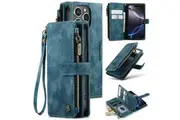 CaseMe C30 For Apple iPhone 16 Vintage Leather Folio Zipper Wallet Case with Magnetic Closure and 7 Card Slots (Sky Blue)