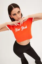 Orange Baby Tee Short Sleeve Crew Neck Crop New York - Size S, Women's Graphic Tee