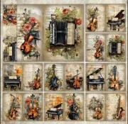 8pcs Vintage Musical Instrument Scrapbook Paper- Crafts, Junk Journal, DIY