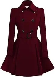 [ForeMode] Women Swing Double Breasted Wool Pea Coat with Belt Buckle Spring Mid-Long Long Sleeve Lapel Dresses Outwear