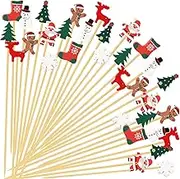 100 Christmas Cocktail Picks, 8 Kind of Christmas Toothpicks, Xmas Tree Snowman Santa Reindeer Stocking Bamboo Charcuterie Skewers Fruit Food Appetizer Sticks for Christmas Party Supplies Decorations