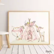 Baby, Girl Nursery Wall Art Prints Watercolour Boho Woodland Animals Floral.