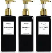 YACEYACE Black Soap Dispenser Bottles, 500ml Set of 3 Shampoo and Conditioner Dispenser with Gold Pump, Shower Dispenser for Bathroom, Hand Wash