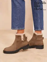 Friends Like These Brown Standard fit Flat Buckle Detail Casual Faux Suede Chelsea Boots (AD7682) | $48