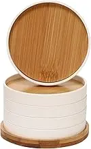 Senstap Wooden Coasters for Drinks Coffee Table, Drink Coasters with Holder, Set of 5 Cup Mat for Tabletop Protection, Cup Coaster with Lip 4-inch Round, White