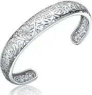 [GASELO] Chain Bracelets,Silver Bracelet,Fashion Bangle,Sterling Silver Bracelet For Women,Women 925 Sterling Silver Bracelet Vintage Hand Carve Hollow Cuff Bangle Friendship Bracelet Ladies Silver Jewellery B