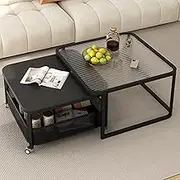 Coffee Table Set of 2, 360°Universal Wheel Design, with Carbon Steel Storage Basket, Anti-Slip Foot Pad and Rounded Corner Design Nesting Tables(Black,24in+20in)