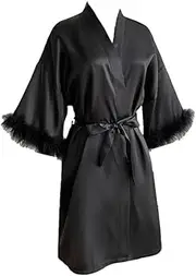 [Generic] Luxury Women's Satin Kimono Robe - Feathers Trim Long Sleeve Morning Cover-Up, Spring Summer Loungewear