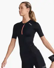 Aero Tri Sleeved Top, 2XU, XS, Black/Hyper Coral, Female