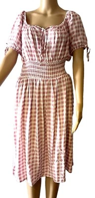 NWT Lark +Grey Women's Midi Dress Pink Gingham Short Sleeve Smock Waist Size M