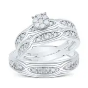 1/3cttw Diamond Trio Wedding His Hers Set Band Ring Round Cluster 10k White Gold