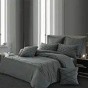 Charcoal Black Quilt Cover Set Queen Rich Diamond Pintuck Pleated Pattern Quilt Cover 3pcs Grey Doona Cover Set (Queen Size)