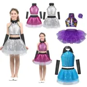 Kids Girls Jazz Modern Dance Set Sequins Crop Top Mesh Tutu Dress Set Dancewear