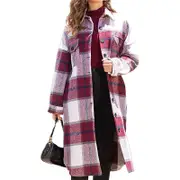Nevenka Womens Lapel Plaid Wool Blend Coat Long Jacket-Wine Red
