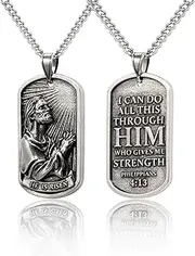 [Resurrection Wear] Jesus Necklace for Men – Engraved 2-Sided Masculine Dog Tag Pendant with Image of Jesus Praying & Philippians 4:13 (NIV) – Available in Aged Silver or Gold – Celebrate His Resurrection