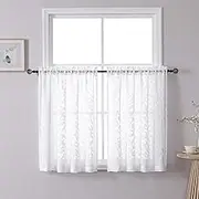 Chyhomenyc Sheer White Kitchen Curtains 36 Inch Length, Light Filtering Leaf Tufted Textured Small Short Half Window Curtains for Bathroom Basement, 42" Wx36 L, 2 Pieces
