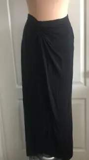Bisou Bisou Solid Black Maxi Skirt Pull On Knotted Front Stretchy Slit Sz. M NEW