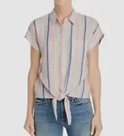 NWT $165 Aqua Women Pink Blue Short-Sleeve Button Front Blouse Shirt Top Size L