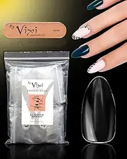 By Vixi 600 pieces MEDIUM ALMOND NAIL SET with FREE GLUE & PREP FILE, 10 Sizes – Clear Express Full Cover False Fingernail Extensions for Salon Professionals & Home Use