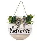 Welcome Sign Front Door Bright Green Leaf Arch Garland Rustic Round Wooden7921