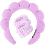[ANEESAA] Spa Headband for Washing Face Wristband Set Sponge Makeup Skincare, Terry Cloth Bubble Soft Get Ready Hairband for Women Girl Puffy Padded Headwear Thick Hair Accessory (Purple)