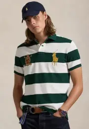 NWT Polo Ralph Lauren Green White Stripe BIG PONY CREST Mesh Knit Collared Shirt
