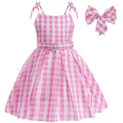 Barbie Cosplay Costume Dress Girls Margot Robbie Movie Outfit Kids Pink White Gingham Dress Birthday Party Dress Up With Bow Hair Clip pink/white 8...