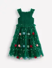 Mini Boden Christmas Tree Tulle Party Dress Green Pom Poms NWT New 8-9