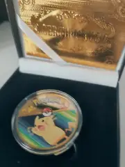 Pokemon Pikachu Blue/Grn Gold Metal Collectable Coin With Box & Certificate