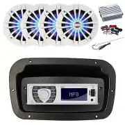 Pyle Marine Radio,Adapter,Spa Bezel,Antenna,Amp,Kit, 4x 6.5" LED White Speaker