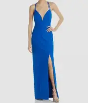 $245 Aidan BY Aidan Mattox Womens Blue V-Neck Crepe Column Gown Dress Size 16