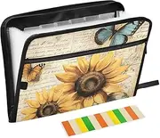 Quteprint 13 Pockets Expanding File Folder with Zipper Closure, Vintage Sunflowers Butterfly Accordion File Folder with Sticky Labels, Letter Size A4 Papers Expandable File Document Organizer