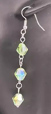 Sparkling Peridot Green Aurora Borealis Glass Beaded Linear Dangle Earrings