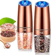 Gravity Salt and Pepper Grinder Set, Ceramic Rotor, Stainless Steel,Blue LED Light,Battery Powered, Adjustable Coarseness, Support One Hand Use, Ideal partner for kitchens, Copper, By Rongyuxuan