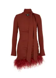 DE LA Vali Avenue Feather-trimmed Ruched Mini Dress - Burgundy - 14 (UK14 / L) 14 (UK14 / L)