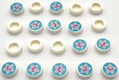 Lego 20 New White Tiles Round 1 x 1 w/ Lavender Starfish Black Eyes Parts