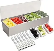 RUNTOO MU Stainless Steel Condiment Holder, 6 Compartment Condiment Rack, Minimalist Style, Suitable for Hotel Home Condiment, Fruit, Ingredient Storage, 6 Food Clips, 15*45.5*9cm