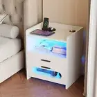 Modern White Bedside Table with 2 Drawers, RGB LED Lighting, Charging USB Port