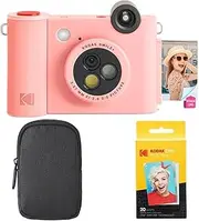 KODAK Smile+ 2-in-1 Digital Instant Print Camera & Wireless Bluetooth Photo Printer Starter Bundle + Carrying Case + Zink 20pk Sticky-Back Photo Paper - 10MP, Special-Effect Rotating Lens - Pink