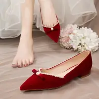 在飛比找樂天市場購物網優惠-紅色婚鞋平底2021年新款新娘鞋結婚中式秀禾鞋孕婦可穿珍珠單